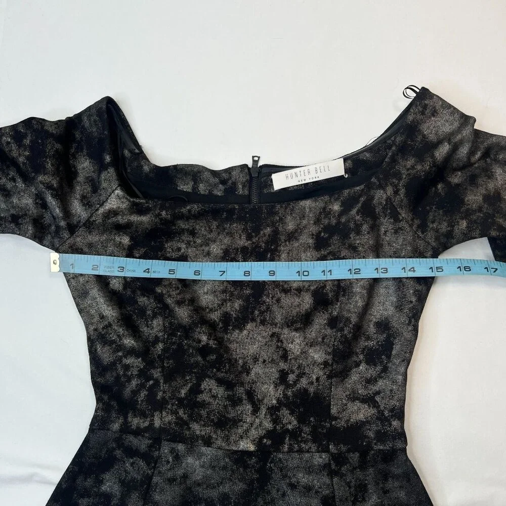 Hunter Bell Metallic Marble Mini Skater Dress Black Silver Gold XS